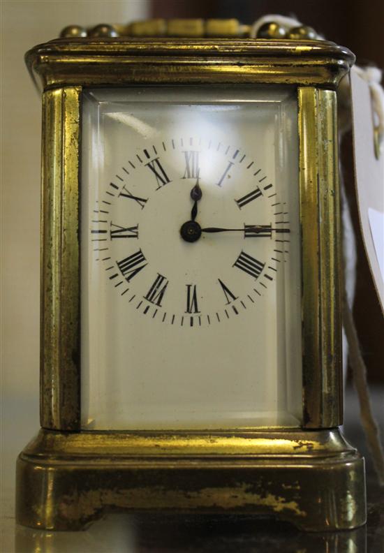 Miniature gilt brass carriage timepiece, white enamelled Roman dial